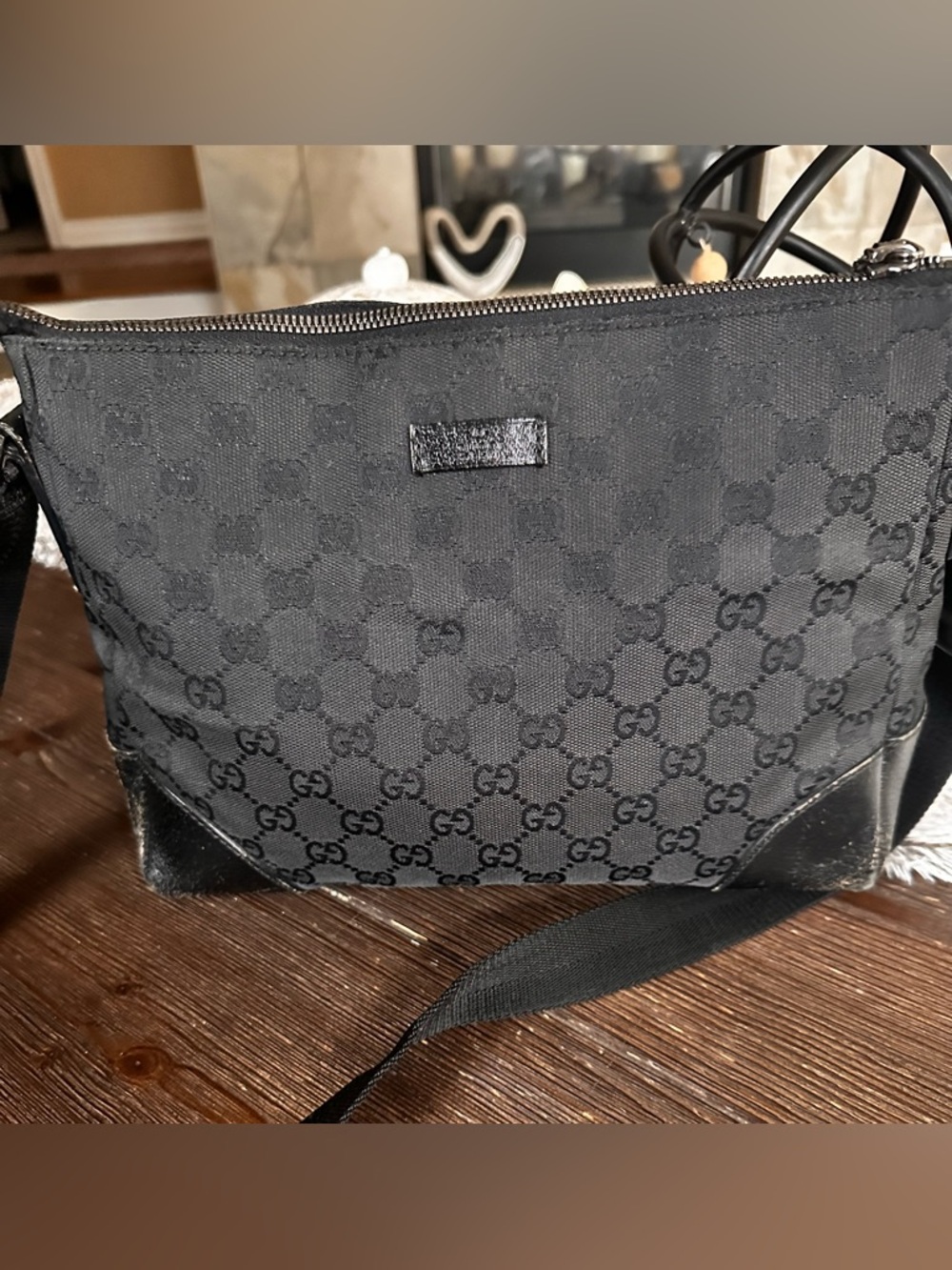 Gucci Black GG Canvas Messenger Bag with Leather Trim
